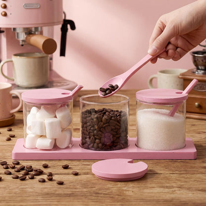 3 Pcs Coffee Bar Accessories Set Glass Condiment Jars with Wooden Lids Spoons, Spice Jar Set with Tray, Sugar Tea Containers for Coffee Station Organizer Kitchen Decoration(Pink)