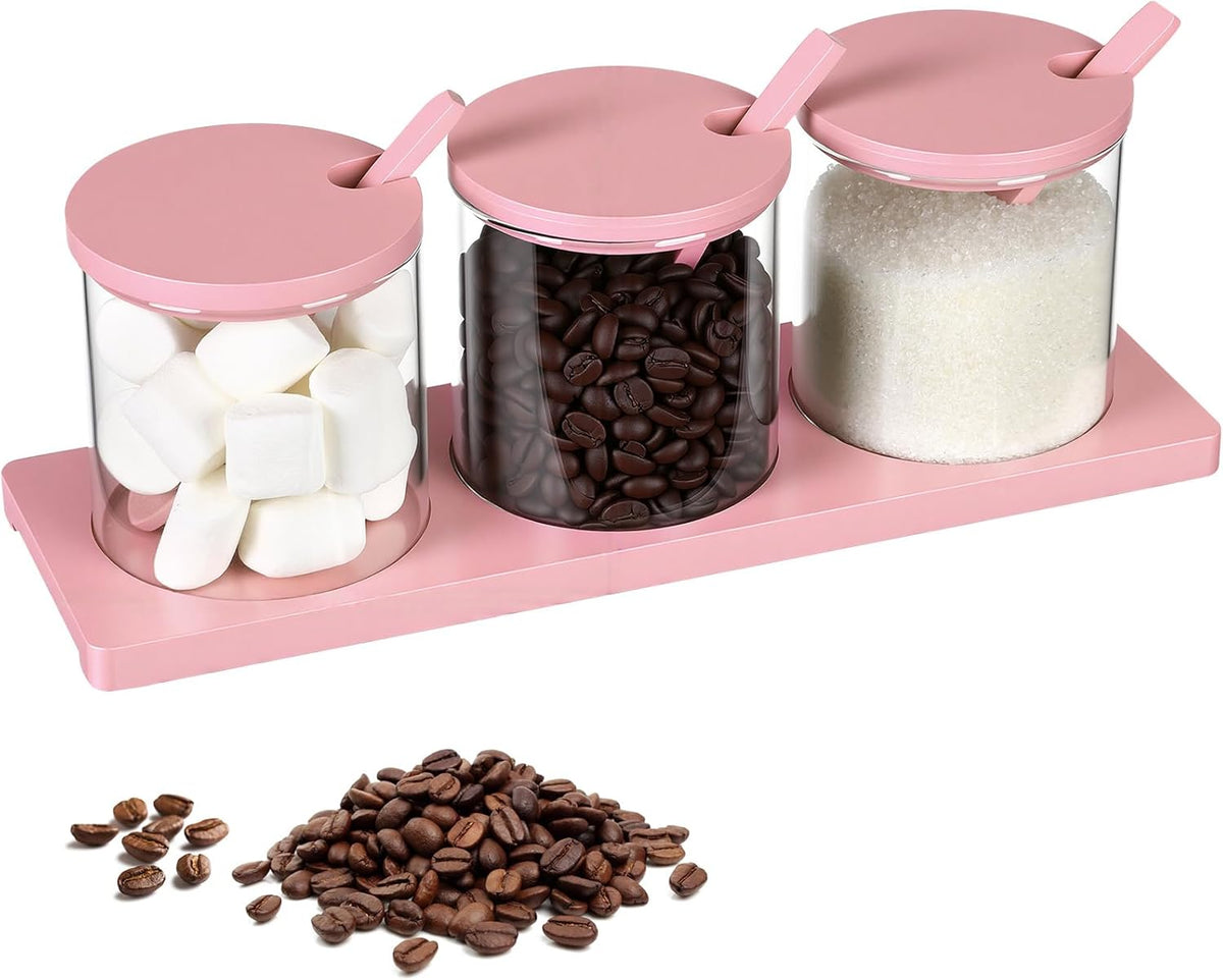 3 Pcs Coffee Bar Accessories Set Glass Condiment Jars with Wooden Lids Spoons, Spice Jar Set with Tray, Sugar Tea Containers for Coffee Station Organizer Kitchen Decoration(Pink)