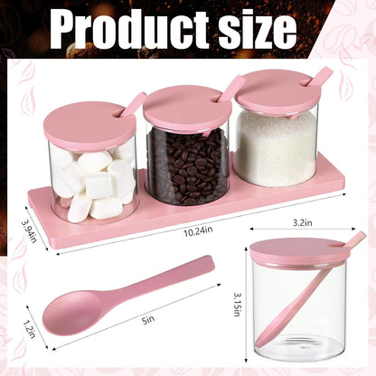 3 Pcs Coffee Bar Accessories Set Glass Condiment Jars with Wooden Lids Spoons, Spice Jar Set with Tray, Sugar Tea Containers for Coffee Station Organizer Kitchen Decoration(Pink)