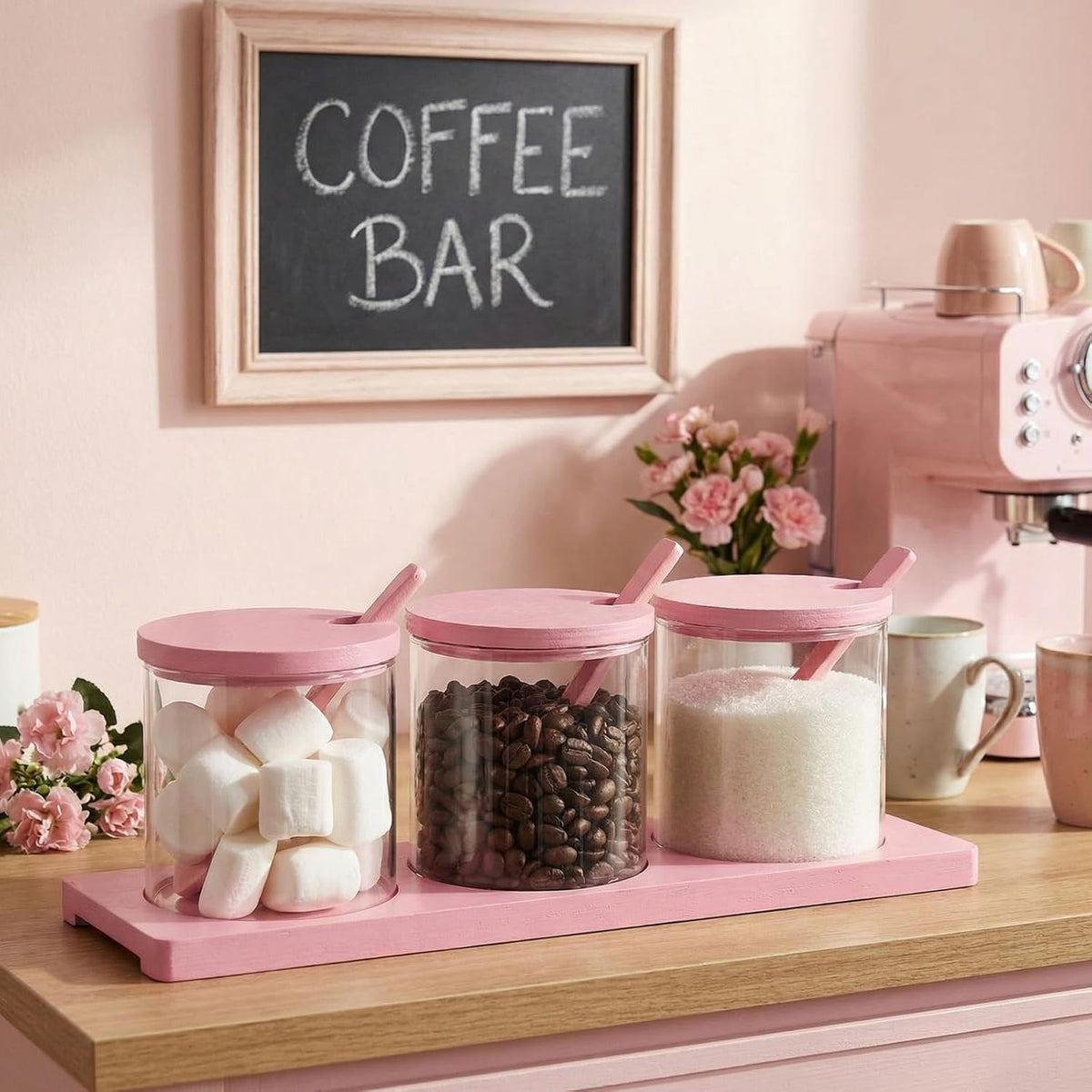3 Pcs Coffee Bar Accessories Set Glass Condiment Jars with Wooden Lids Spoons, Spice Jar Set with Tray, Sugar Tea Containers for Coffee Station Organizer Kitchen Decoration(Pink)