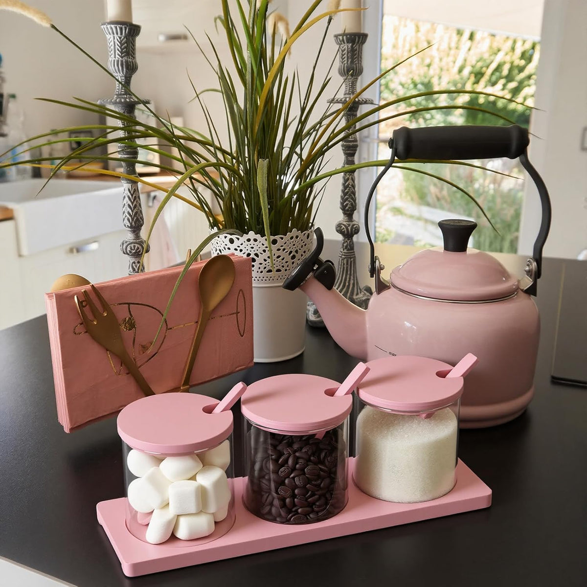 3 Pcs Coffee Bar Accessories Set Glass Condiment Jars with Wooden Lids Spoons, Spice Jar Set with Tray, Sugar Tea Containers for Coffee Station Organizer Kitchen Decoration(Pink)
