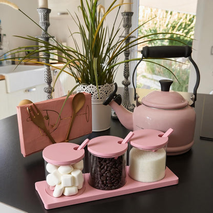 3 Pcs Coffee Bar Accessories Set Glass Condiment Jars with Wooden Lids Spoons, Spice Jar Set with Tray, Sugar Tea Containers for Coffee Station Organizer Kitchen Decoration(Pink)