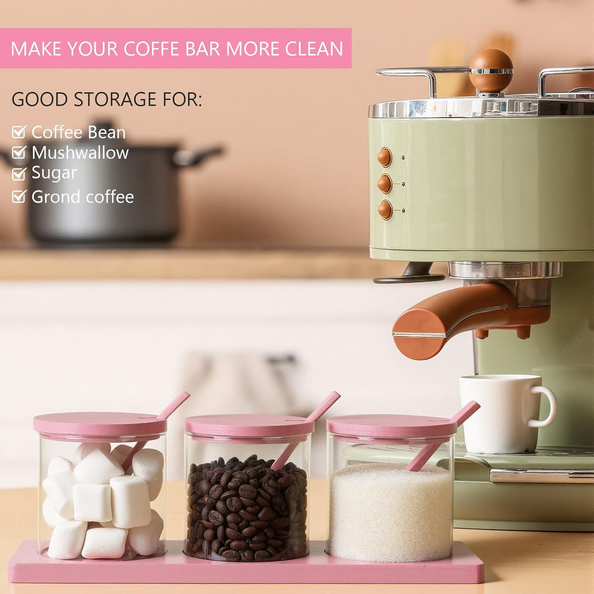 3 Pcs Coffee Bar Accessories Set Glass Condiment Jars with Wooden Lids Spoons, Spice Jar Set with Tray, Sugar Tea Containers for Coffee Station Organizer Kitchen Decoration(Pink)