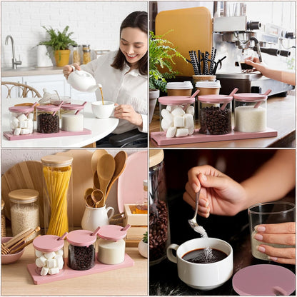 3 Pcs Coffee Bar Accessories Set Glass Condiment Jars with Wooden Lids Spoons, Spice Jar Set with Tray, Sugar Tea Containers for Coffee Station Organizer Kitchen Decoration(Pink)
