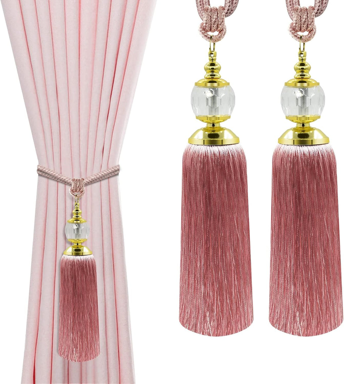 Tassel Curtain Tiebacks Handmade Rope Tie Backs Tassels for Curtains Pink Crystal Drapery Tieback Holdbacks Decorative Curtain Ties Farmhouse Drape Holders Window Treatment 2 Pack
