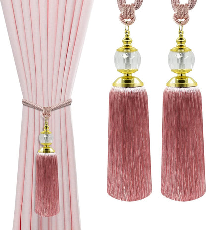 Tassel Curtain Tiebacks Handmade Rope Tie Backs Tassels for Curtains Pink Crystal Drapery Tieback Holdbacks Decorative Curtain Ties Farmhouse Drape Holders Window Treatment 2 Pack
