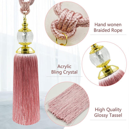 Tassel Curtain Tiebacks Handmade Rope Tie Backs Tassels for Curtains Pink Crystal Drapery Tieback Holdbacks Decorative Curtain Ties Farmhouse Drape Holders Window Treatment 2 Pack