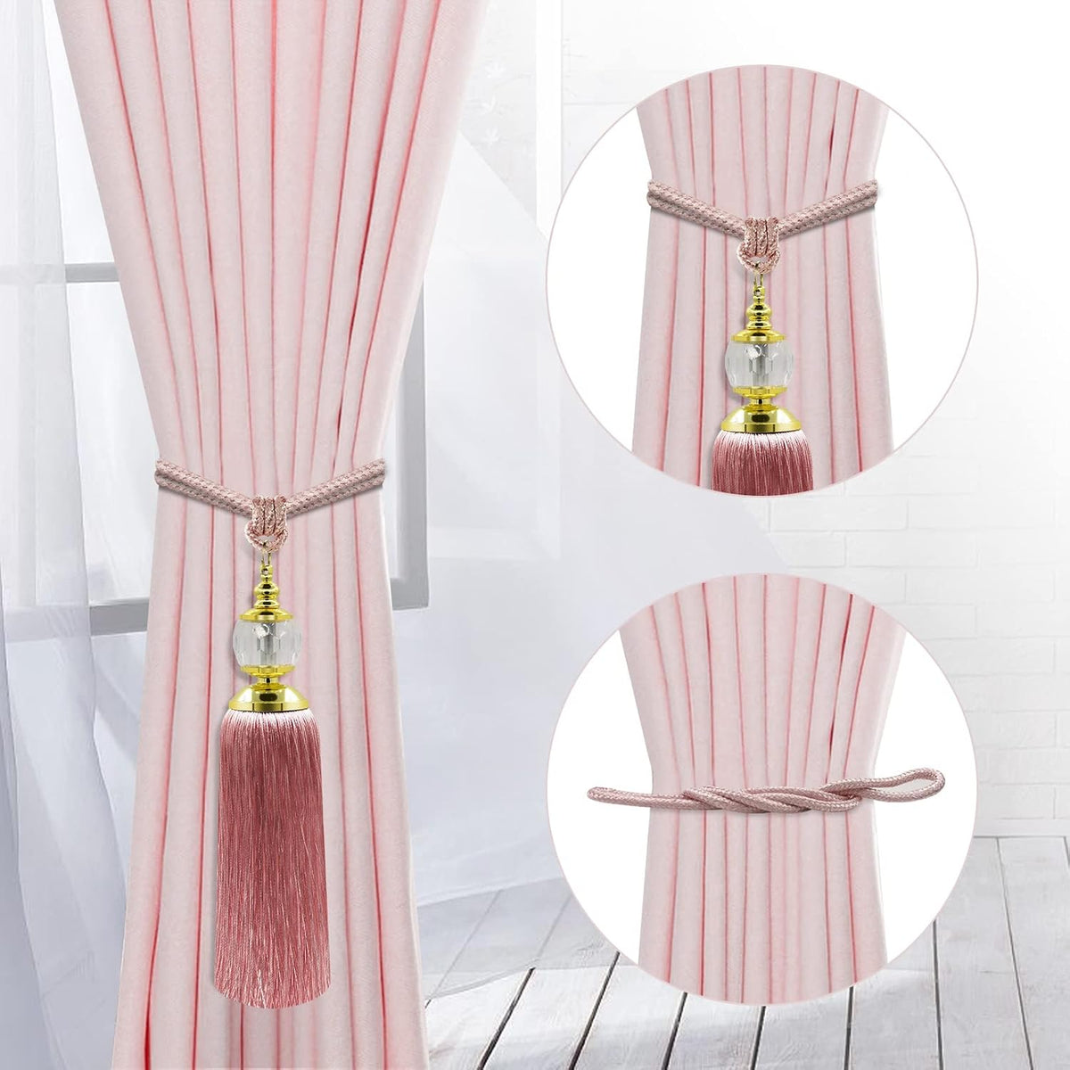 Tassel Curtain Tiebacks Handmade Rope Tie Backs Tassels for Curtains Pink Crystal Drapery Tieback Holdbacks Decorative Curtain Ties Farmhouse Drape Holders Window Treatment 2 Pack