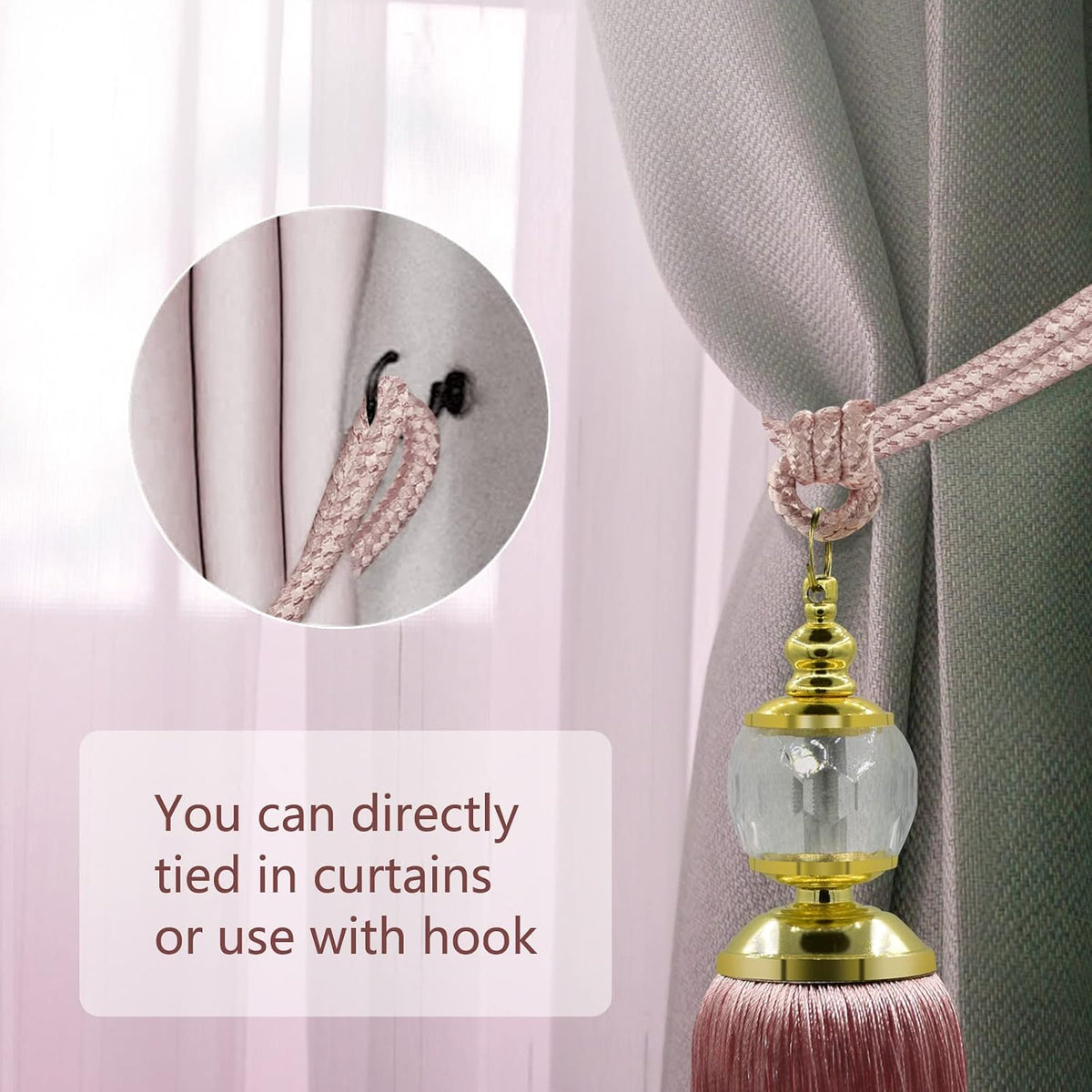 Tassel Curtain Tiebacks Handmade Rope Tie Backs Tassels for Curtains Pink Crystal Drapery Tieback Holdbacks Decorative Curtain Ties Farmhouse Drape Holders Window Treatment 2 Pack