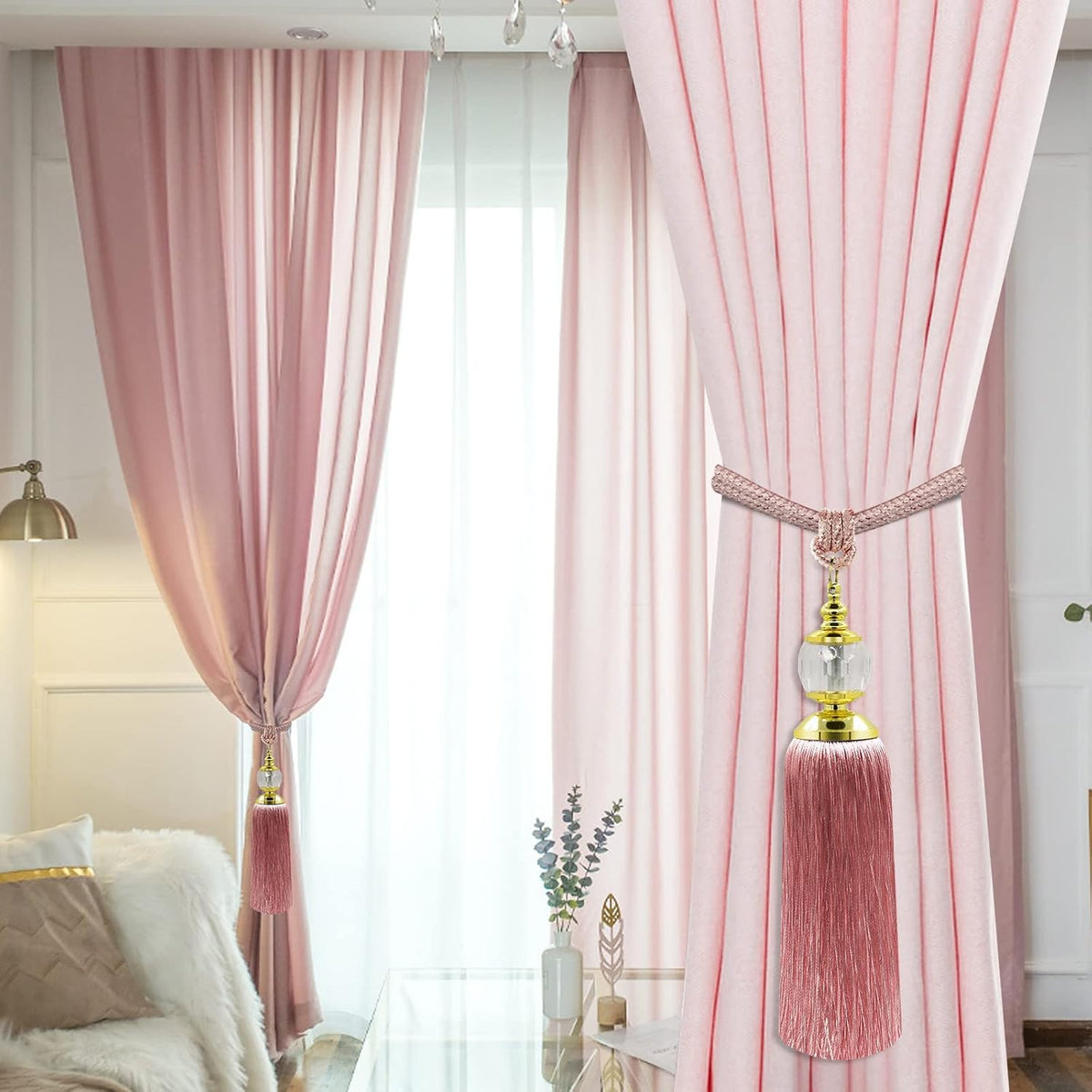 Tassel Curtain Tiebacks Handmade Rope Tie Backs Tassels for Curtains Pink Crystal Drapery Tieback Holdbacks Decorative Curtain Ties Farmhouse Drape Holders Window Treatment 2 Pack