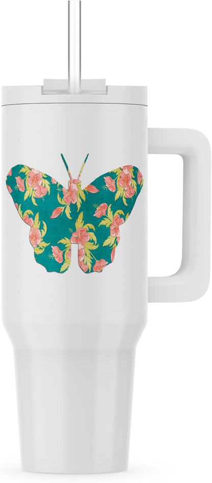 Image of Unique Teal and Peach Butterfly With Flower Pattern, 30oz Tumbler