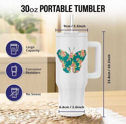 Image of Unique Teal and Peach Butterfly With Flower Pattern, 30oz Tumbler