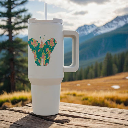 Image of Unique Teal and Peach Butterfly With Flower Pattern, 30oz Tumbler