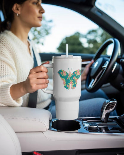 Image of Unique Teal and Peach Butterfly With Flower Pattern, 30oz Tumbler