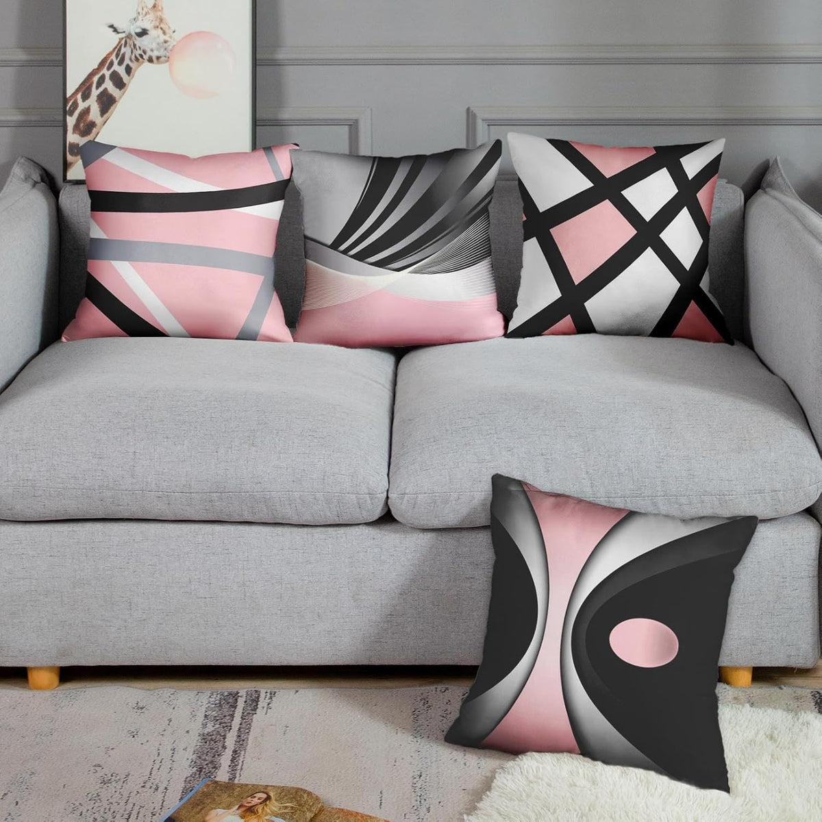 Throw Pillow Covers Set of 4, 16 x 16 Inch, Stripes Pink
