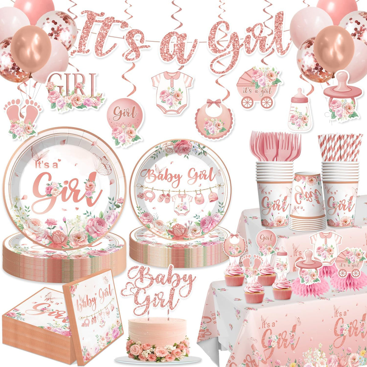351Pcs Its a girl Baby Shower Decorations Tableware Set Severs 50, Girl Baby Shower Decorations Include Banner, Balloons, Tablecloth, Plates, Cups, Table Decorations