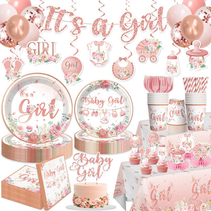 351Pcs Its a girl Baby Shower Decorations Tableware Set Severs 50, Girl Baby Shower Decorations Include Banner, Balloons, Tablecloth, Plates, Cups, Table Decorations
