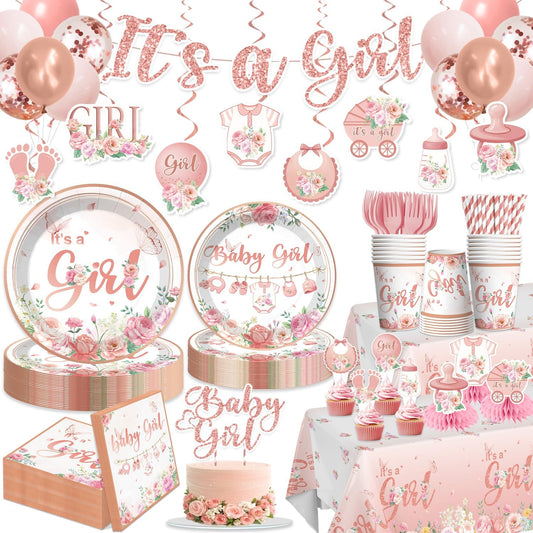 351Pcs Its a girl Baby Shower Decorations Tableware Set Severs 50, Girl Baby Shower Decorations Include Banner, Balloons, Tablecloth, Plates, Cups, Table Decorations