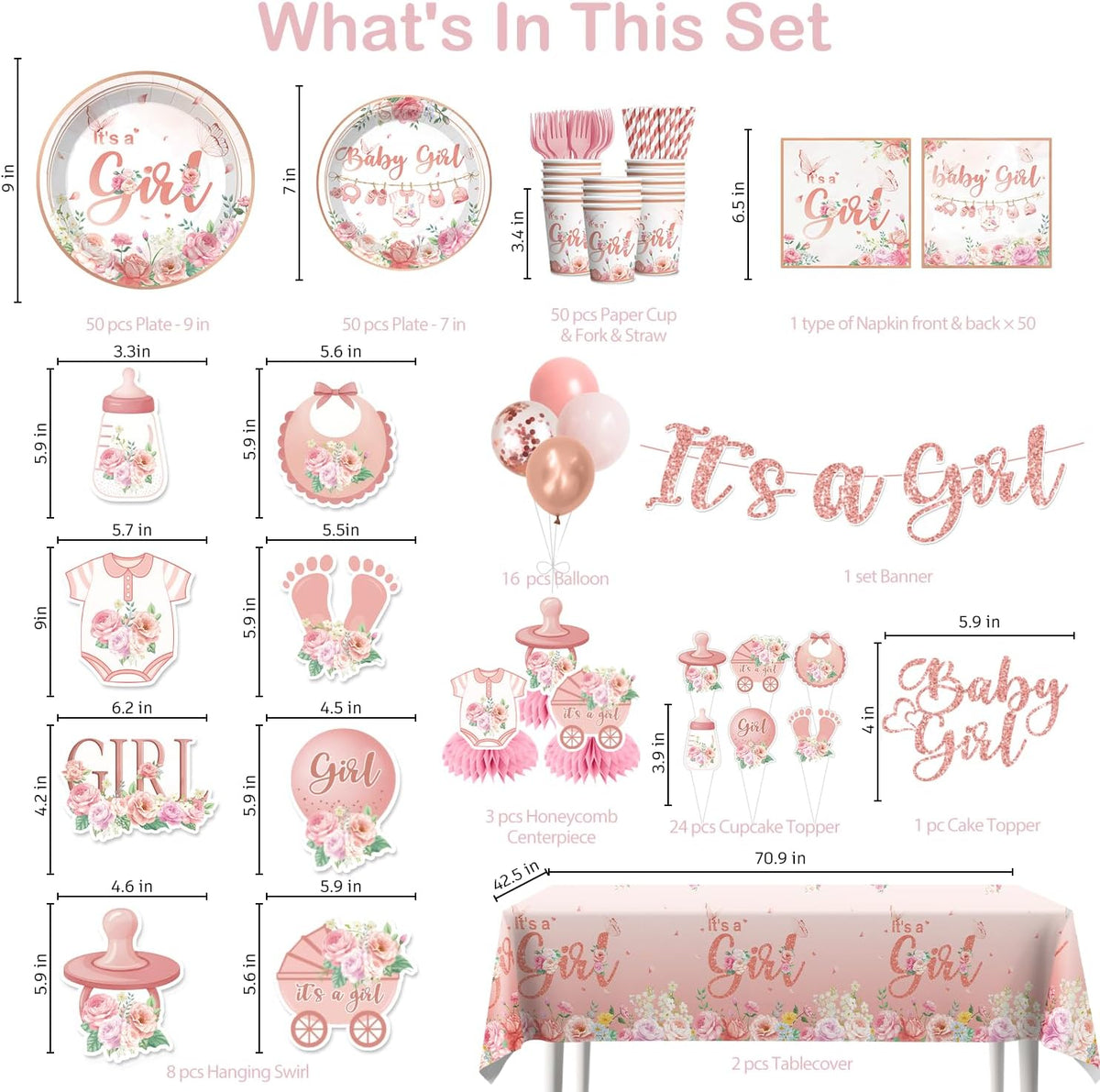 351Pcs Its a girl Baby Shower Decorations Tableware Set Severs 50, Girl Baby Shower Decorations Include Banner, Balloons, Tablecloth, Plates, Cups, Table Decorations