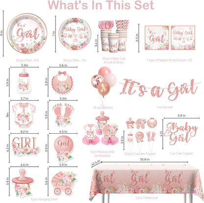 351Pcs Its a girl Baby Shower Decorations Tableware Set Severs 50, Girl Baby Shower Decorations Include Banner, Balloons, Tablecloth, Plates, Cups, Table Decorations