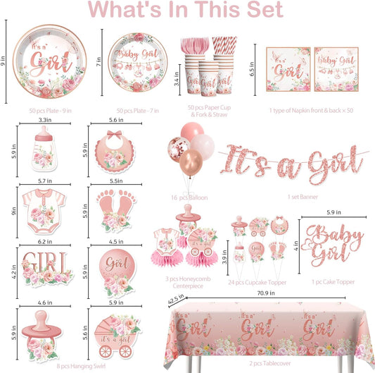 351Pcs Its a girl Baby Shower Decorations Tableware Set Severs 50, Girl Baby Shower Decorations Include Banner, Balloons, Tablecloth, Plates, Cups, Table Decorations