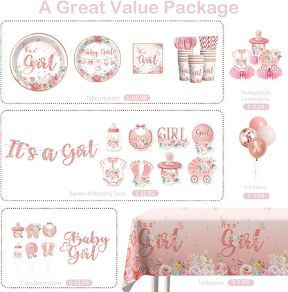 351Pcs Its a girl Baby Shower Decorations Tableware Set Severs 50, Girl Baby Shower Decorations Include Banner, Balloons, Tablecloth, Plates, Cups, Table Decorations