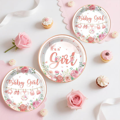 351Pcs Its a girl Baby Shower Decorations Tableware Set Severs 50, Girl Baby Shower Decorations Include Banner, Balloons, Tablecloth, Plates, Cups, Table Decorations