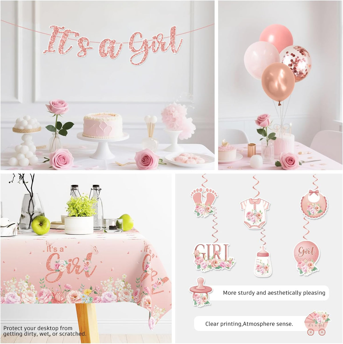 351Pcs Its a girl Baby Shower Decorations Tableware Set Severs 50, Girl Baby Shower Decorations Include Banner, Balloons, Tablecloth, Plates, Cups, Table Decorations