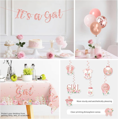351Pcs Its a girl Baby Shower Decorations Tableware Set Severs 50, Girl Baby Shower Decorations Include Banner, Balloons, Tablecloth, Plates, Cups, Table Decorations