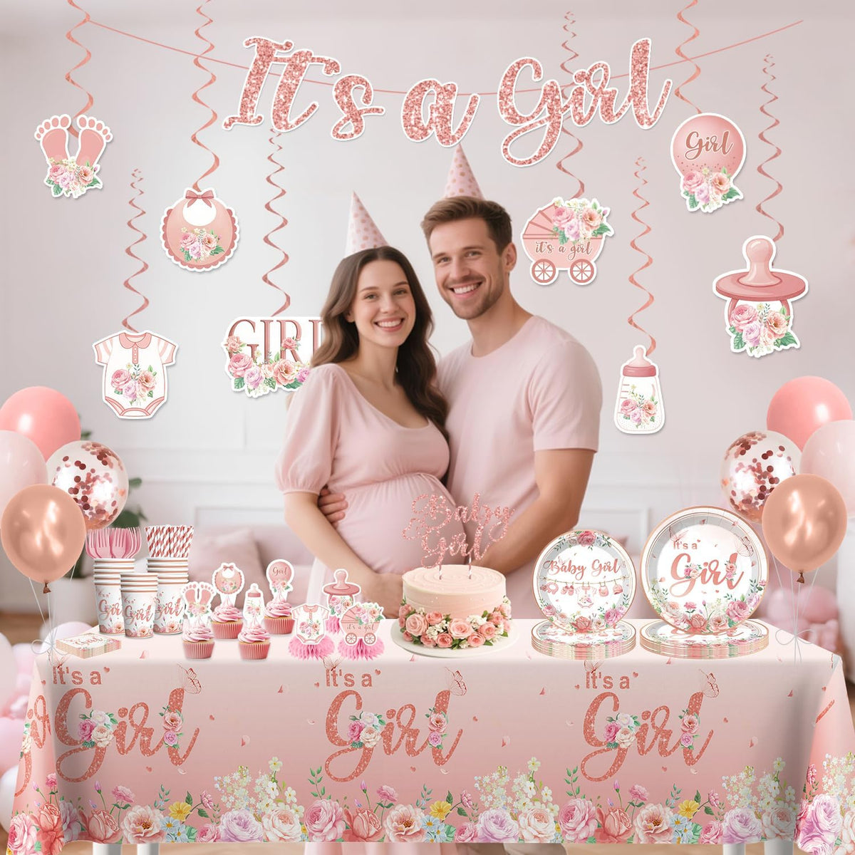 351Pcs Its a girl Baby Shower Decorations Tableware Set Severs 50, Girl Baby Shower Decorations Include Banner, Balloons, Tablecloth, Plates, Cups, Table Decorations