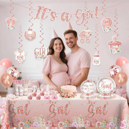 351Pcs Its a girl Baby Shower Decorations Tableware Set Severs 50, Girl Baby Shower Decorations Include Banner, Balloons, Tablecloth, Plates, Cups, Table Decorations