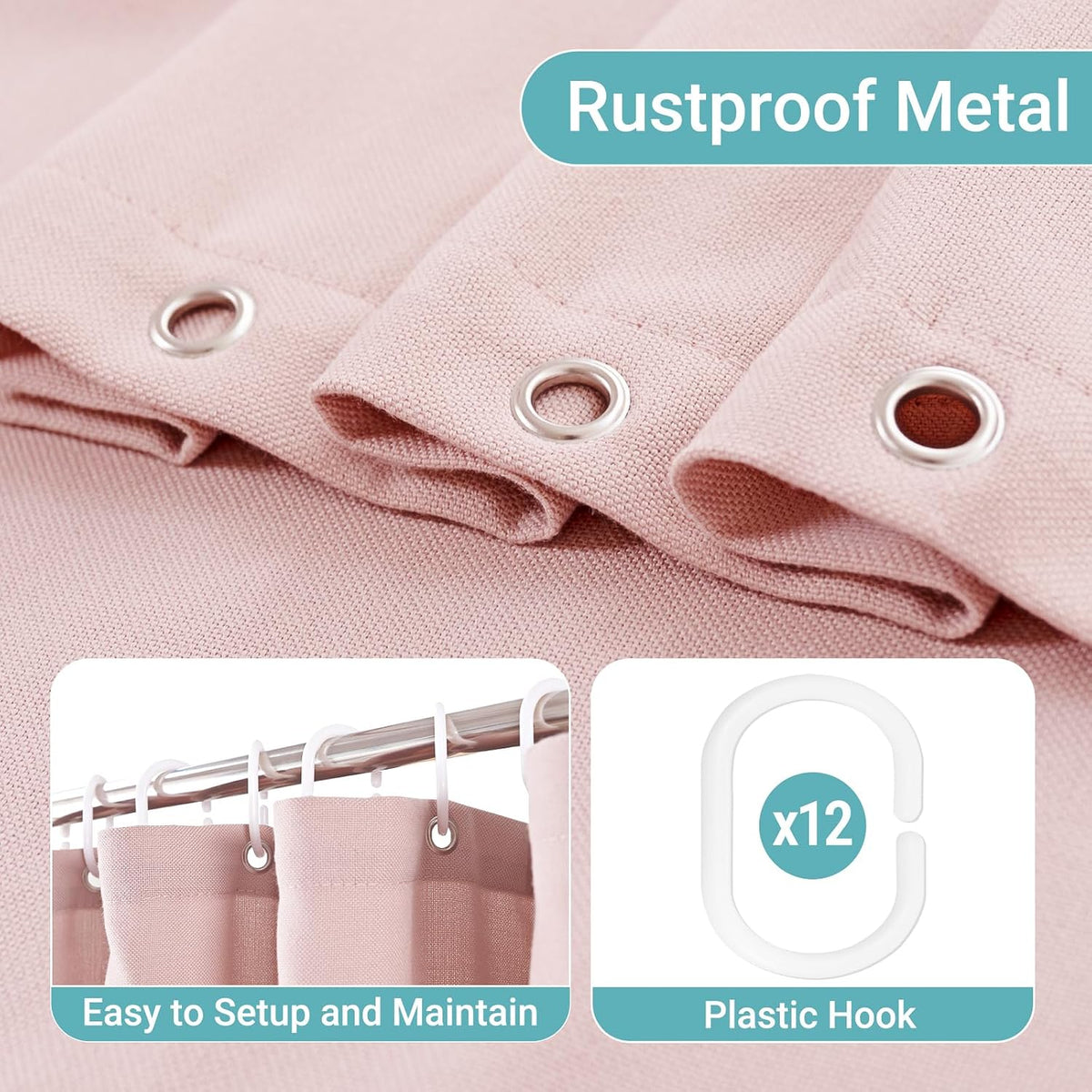 Pink Linen Shower Curtain Set with 12 Plastic Hooks, Heavy Duty Textured Cloth Shower Curtain for Girl's Bathroom, Luxury Hotel Spa Quality Weighted Water Repellent Bath Curtain , 72x72 Blush Pink