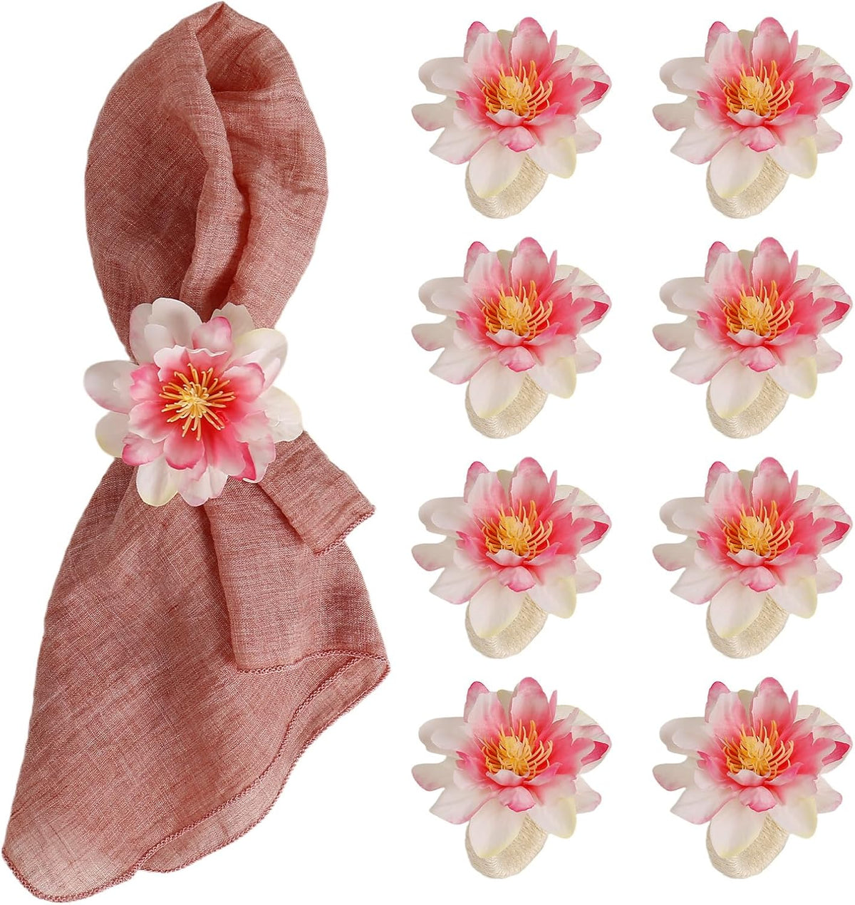 Pink Dahlia Flower Napkin Rings Set of 8, Handmade Floral Napkin Rings with Jute Buckles Dinner Napkin Holder for Valentine's Day, Wedding, Dinners, Festival Parties Table Decoration(Pink)