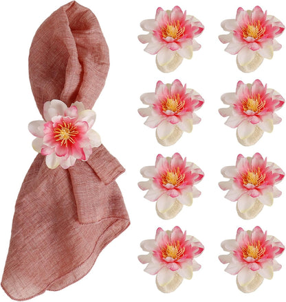 Pink Dahlia Flower Napkin Rings Set of 8, Handmade Floral Napkin Rings with Jute Buckles Dinner Napkin Holder for Valentine's Day, Wedding, Dinners, Festival Parties Table Decoration(Pink)