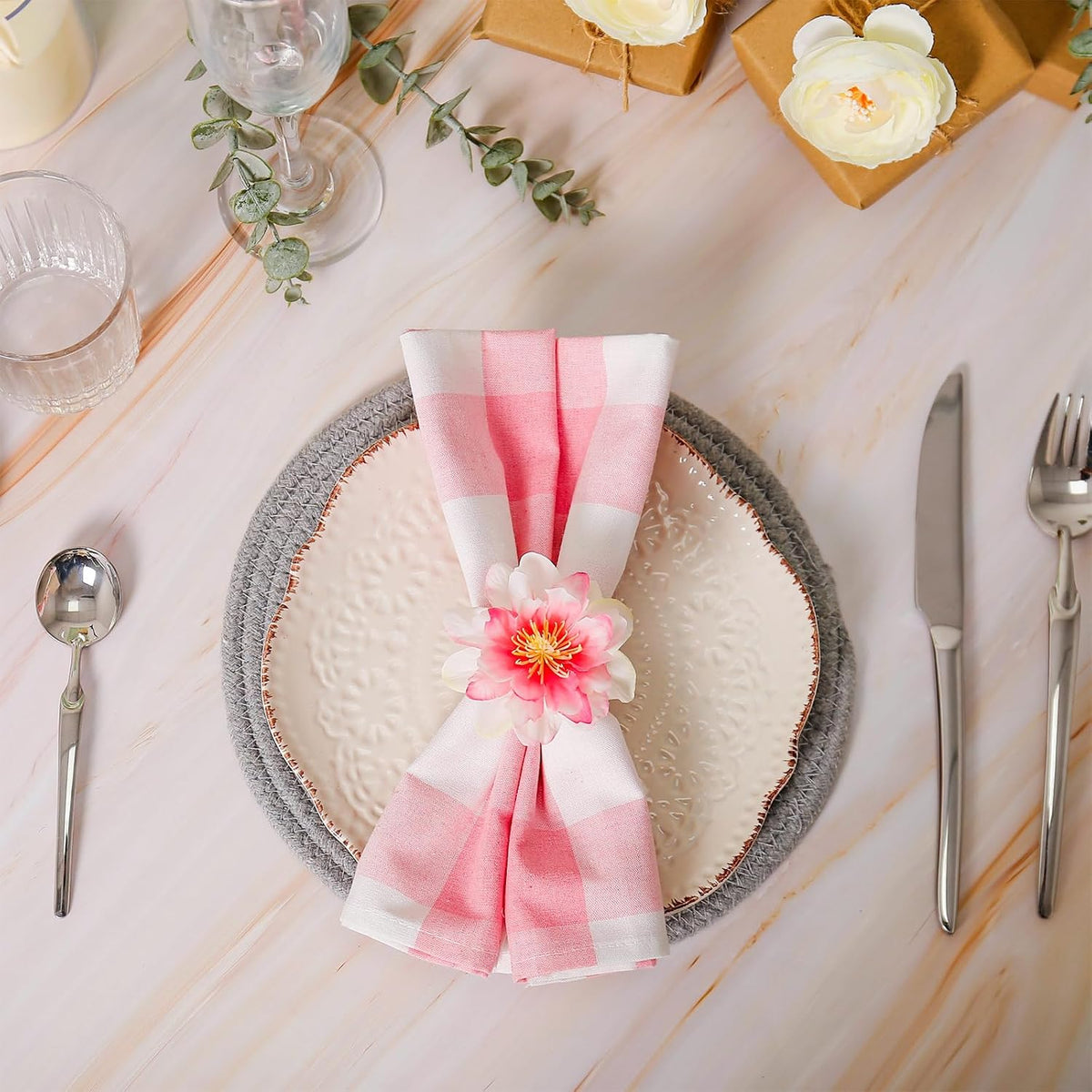 Pink Dahlia Flower Napkin Rings Set of 8, Handmade Floral Napkin Rings with Jute Buckles Dinner Napkin Holder for Valentine's Day, Wedding, Dinners, Festival Parties Table Decoration(Pink)