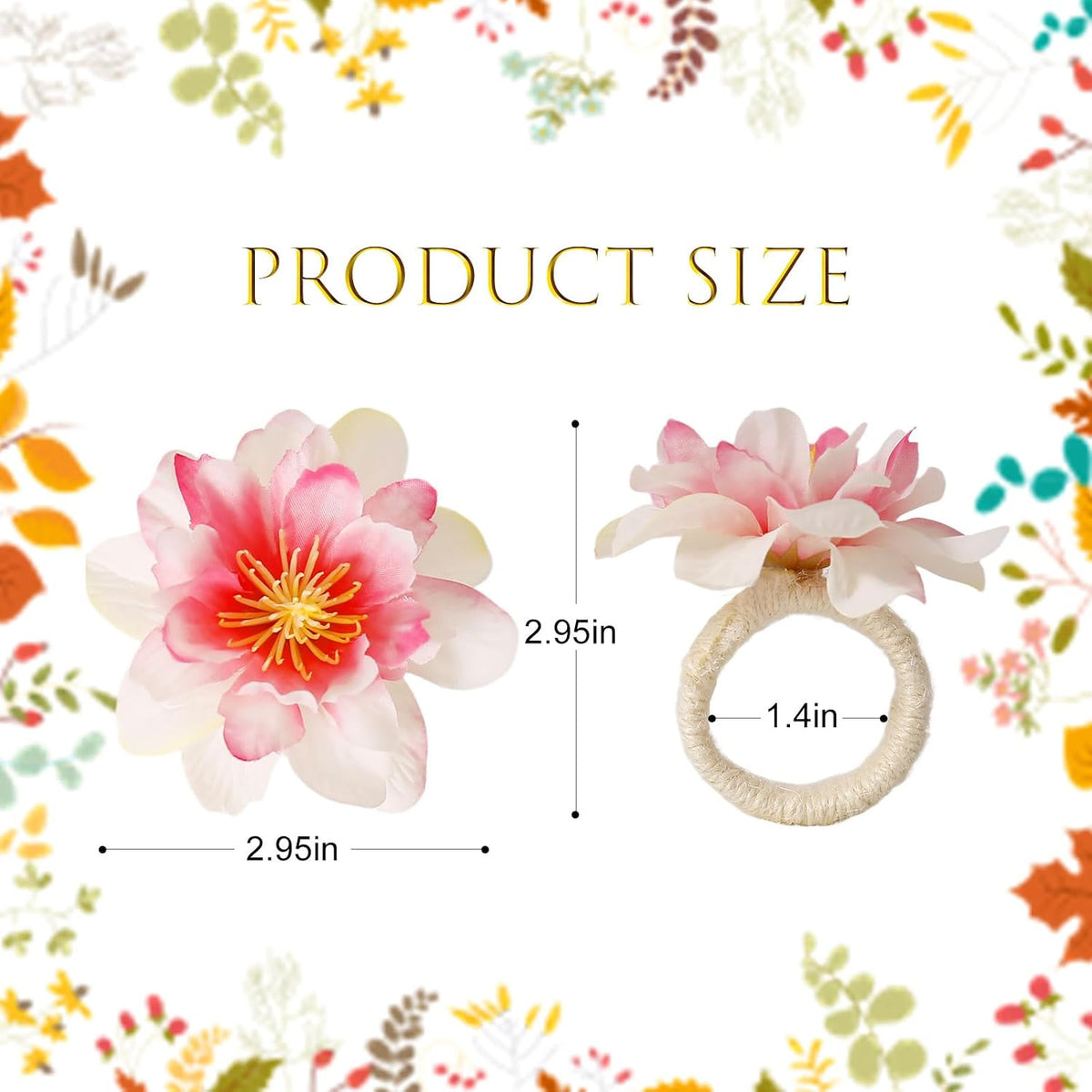 Pink Dahlia Flower Napkin Rings Set of 8, Handmade Floral Napkin Rings with Jute Buckles Dinner Napkin Holder for Valentine's Day, Wedding, Dinners, Festival Parties Table Decoration(Pink)