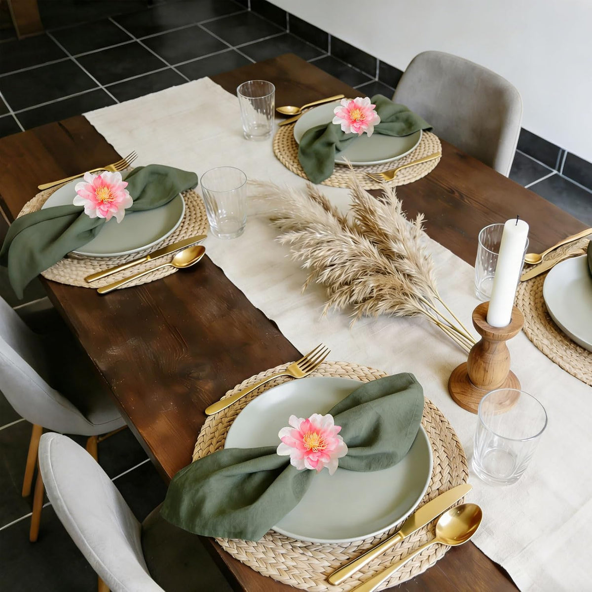 Pink Dahlia Flower Napkin Rings Set of 8, Handmade Floral Napkin Rings with Jute Buckles Dinner Napkin Holder for Valentine's Day, Wedding, Dinners, Festival Parties Table Decoration(Pink)