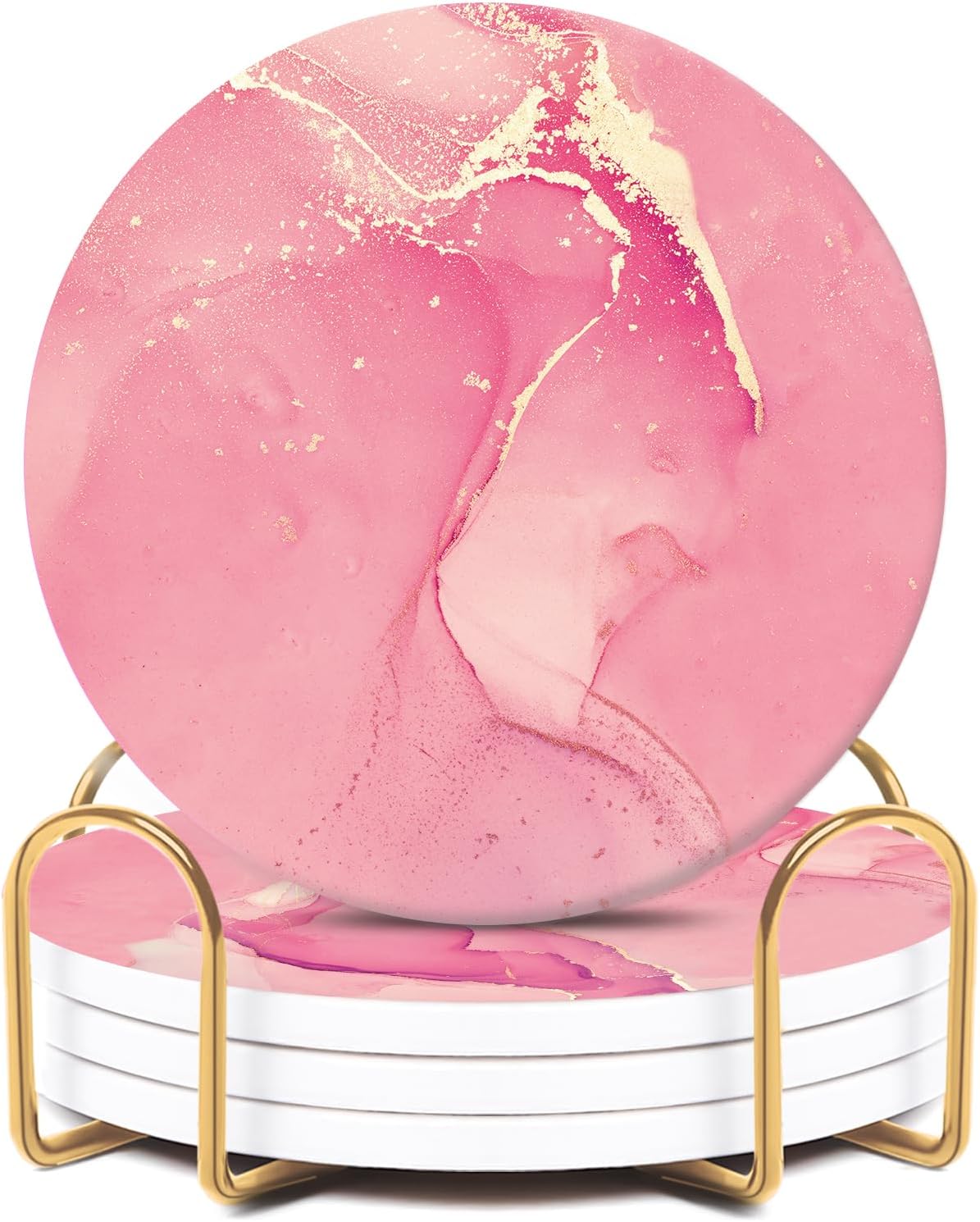 Pink Ceramic Coasters Set of 4 with Gold Holder, Cute Coasters
