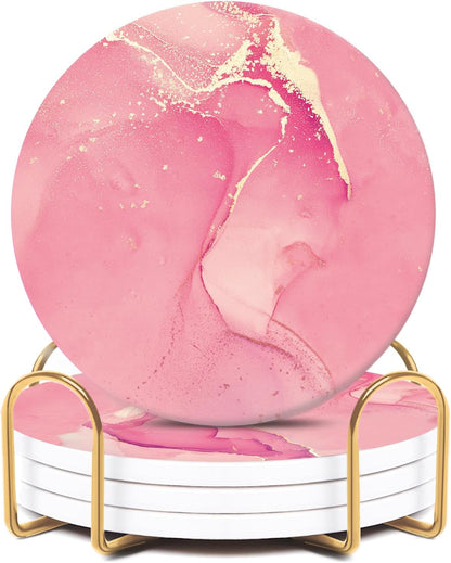 Pink Ceramic Coasters Set of 4 with Gold Holder, Cute Coasters
