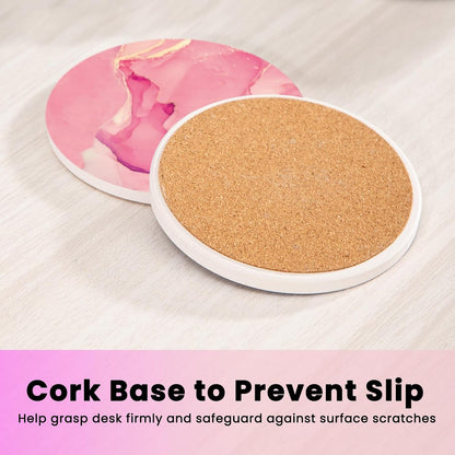 Pink Ceramic Coasters Set of 4 with Gold Holder, Cute Coasters