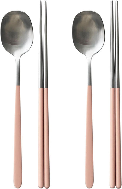 304 Stainless Steel durable Lightweight Korean-style Beautiful Cutlery Spoon and Chopsticks Set Scratch Resistant 2Pieces (Peach Pink+Peach Pink)