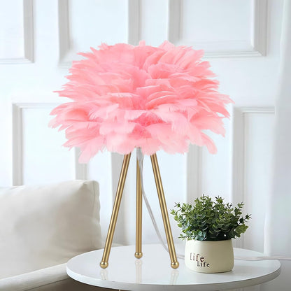 Capslpad Feather Tripod Table Lamp,Pink Modern Bedside Lamp 15.3" Gold Finish Nightstand Lamp for Bedrooms Living Room Kids Room Nursery Room Girls Room Decor
