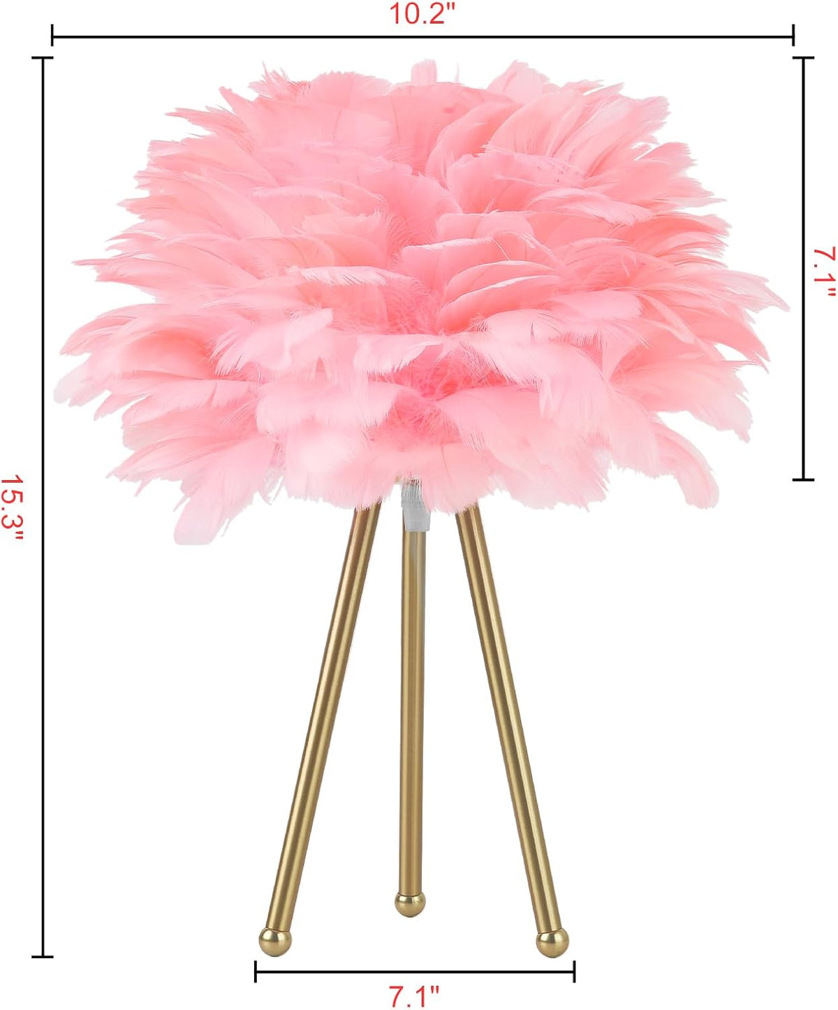 Capslpad Feather Tripod Table Lamp,Pink Modern Bedside Lamp 15.3" Gold Finish Nightstand Lamp for Bedrooms Living Room Kids Room Nursery Room Girls Room Decor