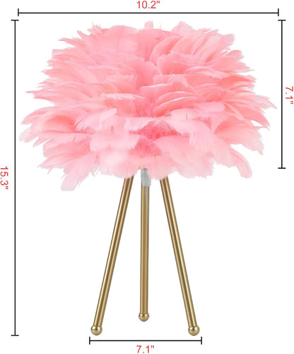 Capslpad Feather Tripod Table Lamp,Pink Modern Bedside Lamp 15.3" Gold Finish Nightstand Lamp for Bedrooms Living Room Kids Room Nursery Room Girls Room Decor