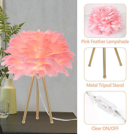 Capslpad Feather Tripod Table Lamp,Pink Modern Bedside Lamp 15.3" Gold Finish Nightstand Lamp for Bedrooms Living Room Kids Room Nursery Room Girls Room Decor