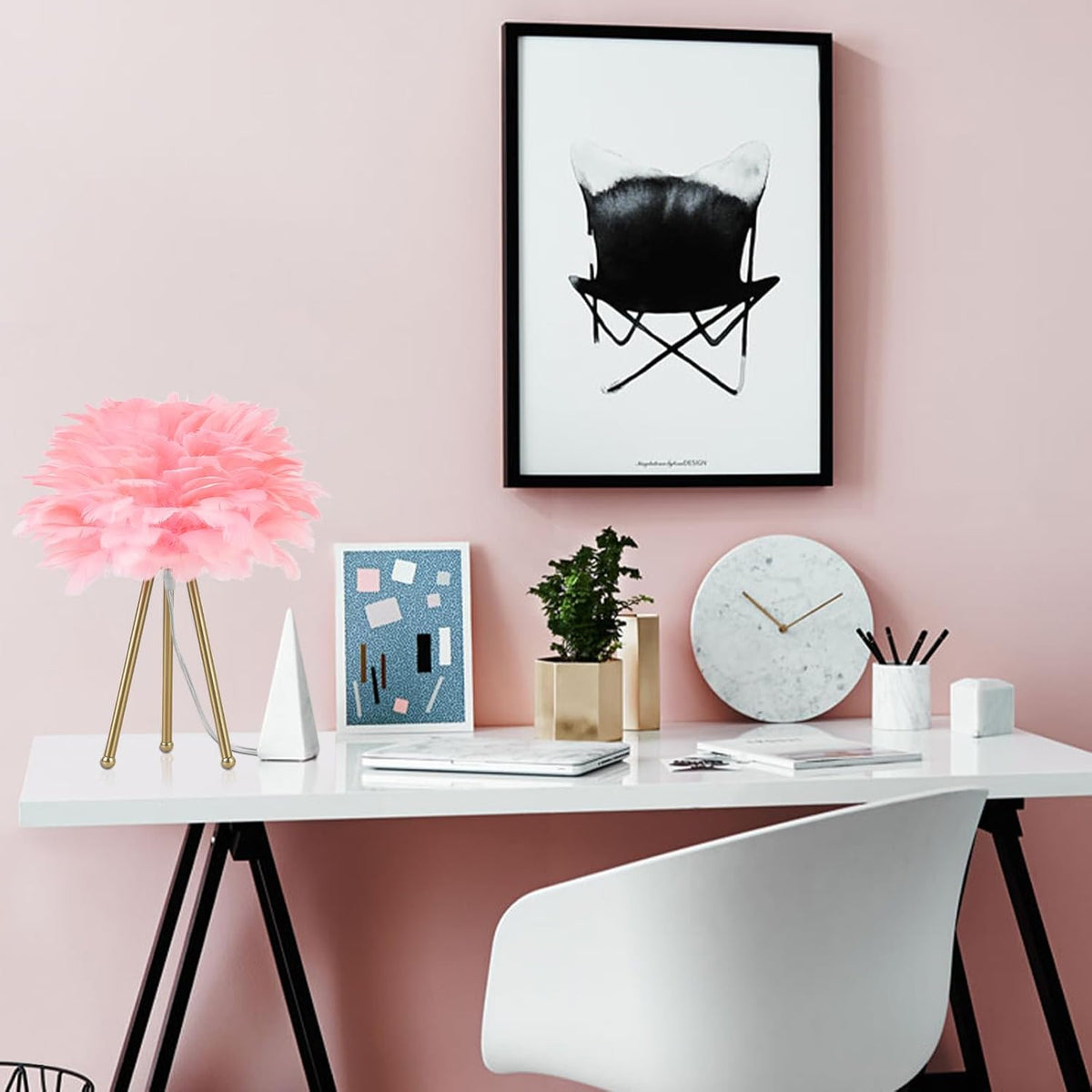 Capslpad Feather Tripod Table Lamp,Pink Modern Bedside Lamp 15.3" Gold Finish Nightstand Lamp for Bedrooms Living Room Kids Room Nursery Room Girls Room Decor