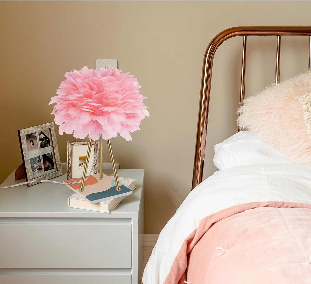 Capslpad Feather Tripod Table Lamp,Pink Modern Bedside Lamp 15.3" Gold Finish Nightstand Lamp for Bedrooms Living Room Kids Room Nursery Room Girls Room Decor
