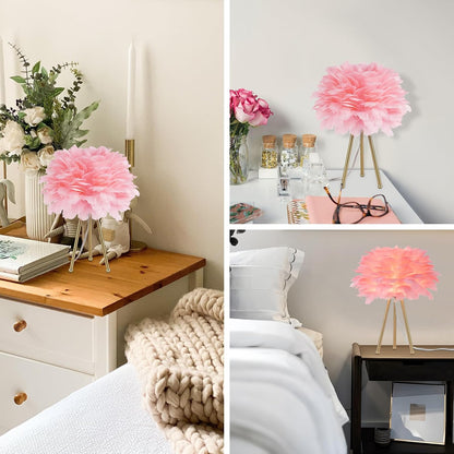 Capslpad Feather Tripod Table Lamp,Pink Modern Bedside Lamp 15.3" Gold Finish Nightstand Lamp for Bedrooms Living Room Kids Room Nursery Room Girls Room Decor