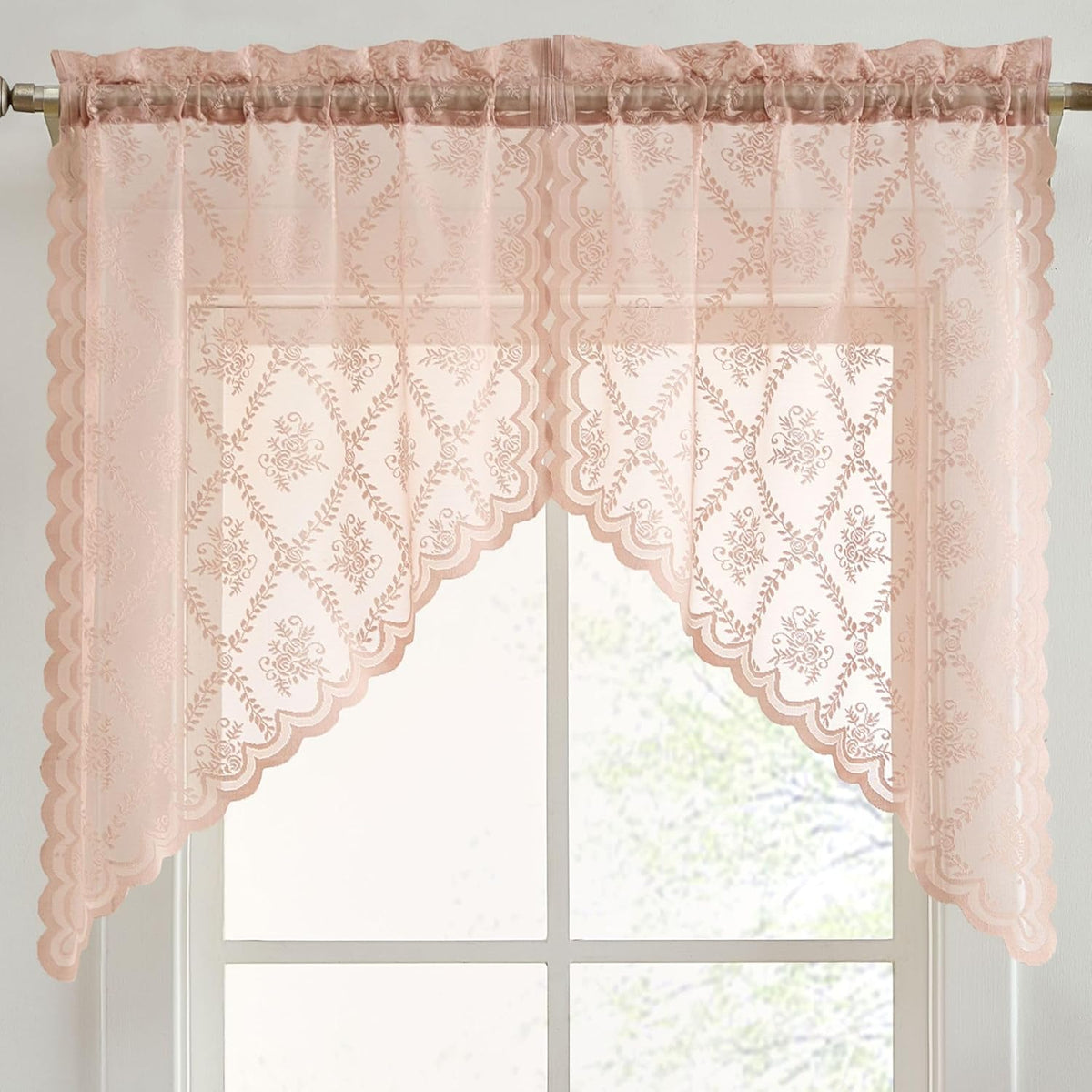 HLC.ME Isabella Floral Rod Pocket Lace Short Cafe Swags for Small Windows - 28 x 36 Inch Length (Blush Pink Swags, Set of 2)