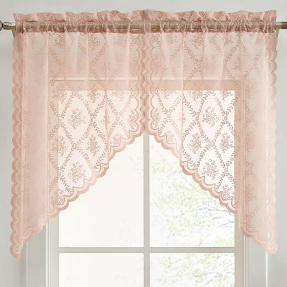 HLC.ME Isabella Floral Rod Pocket Lace Short Cafe Swags for Small Windows - 28 x 36 Inch Length (Blush Pink Swags, Set of 2)